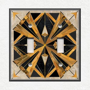 Black And Gold Art Deco Design Metal Light Switch Covers And Outlet Covers - Decorative Wallplates - Black Gold Art Deco Home Decor