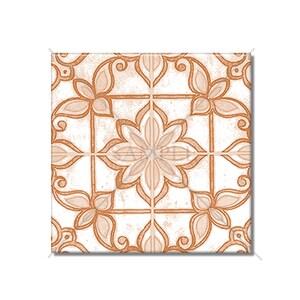 May include: A square tile with a white background and a brown floral pattern. The pattern is symmetrical and features intricate details.