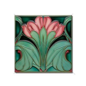 May include: A square ceramic tile with a stylized floral design. The tile features a pink flower with green leaves on a dark green background.