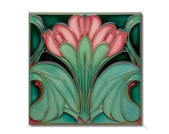 Vintage Art Nouveau Design Ceramic Tile Pink And Green Tile - Bathroom Tile - Antique Reproduction Tile Backsplash Tile Fireplace Tile