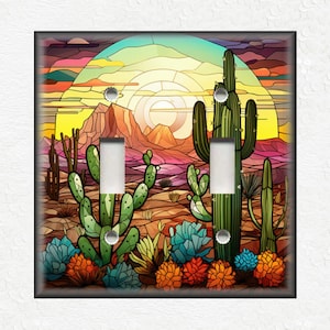 Cactus Desert Sunset Stained Glass Design Home Decor Cactus Decor - Metal Light Switch Plate Cover - Cactus Switch Plates Outlet Covers
