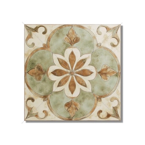 May include: Square decorative tile with a floral design. The tile features a central flower with brown petals and a white center, surrounded by green circles and brown accents. The background is off-white.
