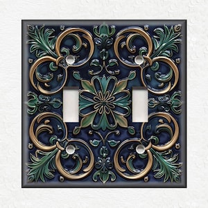 Vintage Art Nouveau Design Metal Light Switch Plate Covers And Outlet Covers Dark Green Blue - Antique Design Decor - Art Nouveau Home Decor