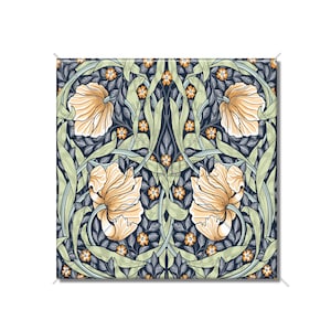 May include: A seamless pattern featuring stylized yellow flowers with intricate green leaves on a dark blue background.