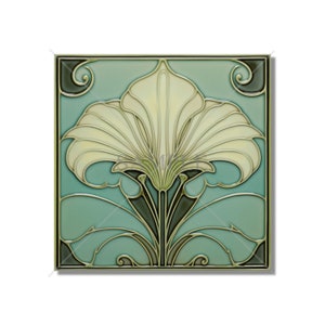 May include: A square ceramic tile with a stylized floral design. The flower is white with green leaves and a gold outline. The background is a light blue-green color.
