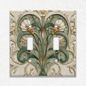 Vintage Green Art Nouveau Design Metal Light Switch Covers & Outlet Covers, Wall Plates, Receptacle Covers, Duplex Covers, Faceplates
