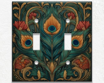 Art Nouveau Peacock Feathers Metal Light Switch Covers, Outlet Covers, Decorative Wall Plates, Duplex Covers, Unique Home Decor