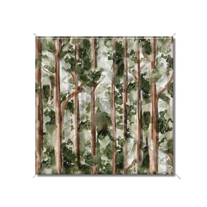 May include: Watercolor painting of a forest scene with tall, slender trees in shades of brown and green. The trees are densely packed together, creating a sense of depth and mystery. The painting is done in a realistic style, with subtle details in the foliage and bark.