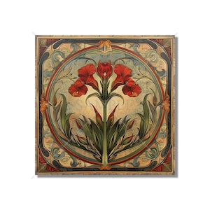 Red Floral Art Nouveau Design Ceramic Tile Kitchen Backsplash Tile - Art Nouveau Bathroom Tile Decorative Patterned Tile Fireplace Tile
