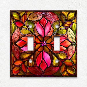 Stained Glass Flower Design Home Decor Green Pink Red Metal Light Switch Plate Cover - Decorative Art Nouveau Switch Plates Outlet Covers