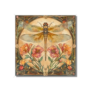 May include: A vintage-style illustration of a dragonfly with brown and yellow wings, surrounded by orange and yellow flowers with green leaves. The image is set against a cream-colored background with a decorative border.