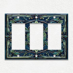 Blue And Green Vintage Art Nouveau Design Metal Light Switch Plate Covers And Outlet Covers - Antique Design Decor - Art Nouveau Home Decor Triple Rocker