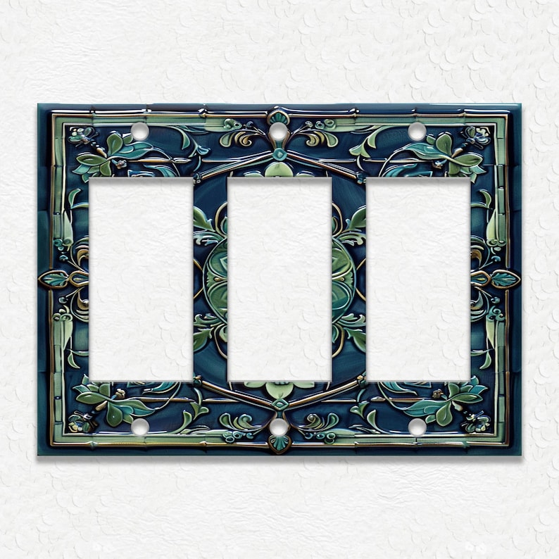 Blue And Green Vintage Art Nouveau Design Metal Light Switch Plate Covers And Outlet Covers - Antique Design Decor - Art Nouveau Home Decor Triple Rocker