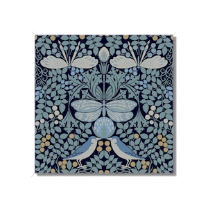 May include: A blue and green floral pattern with butterflies and birds. The background is dark blue and the pattern is in shades of blue, green, and yellow.
