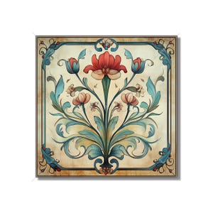 May include: A vintage-style floral design with red, white, and blue flowers and leaves on a beige background. The design is framed in a brown border.