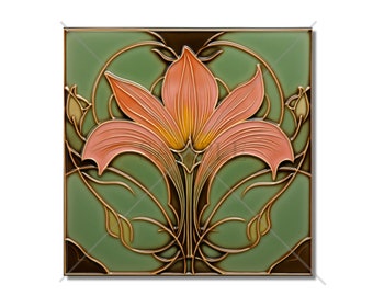 Vintage Art Nouveau Design Ceramic Tile Pink And Green Tile - Bathroom Tile - Antique Reproduction Tile Backsplash Tile Fireplace Tile