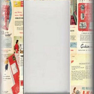 May include: A vintage-style light switch cover featuring a collage of 1950s advertisements. The ads include products like refrigerators, washing machines, and food. The cover is white with a rectangular cutout for the switch.