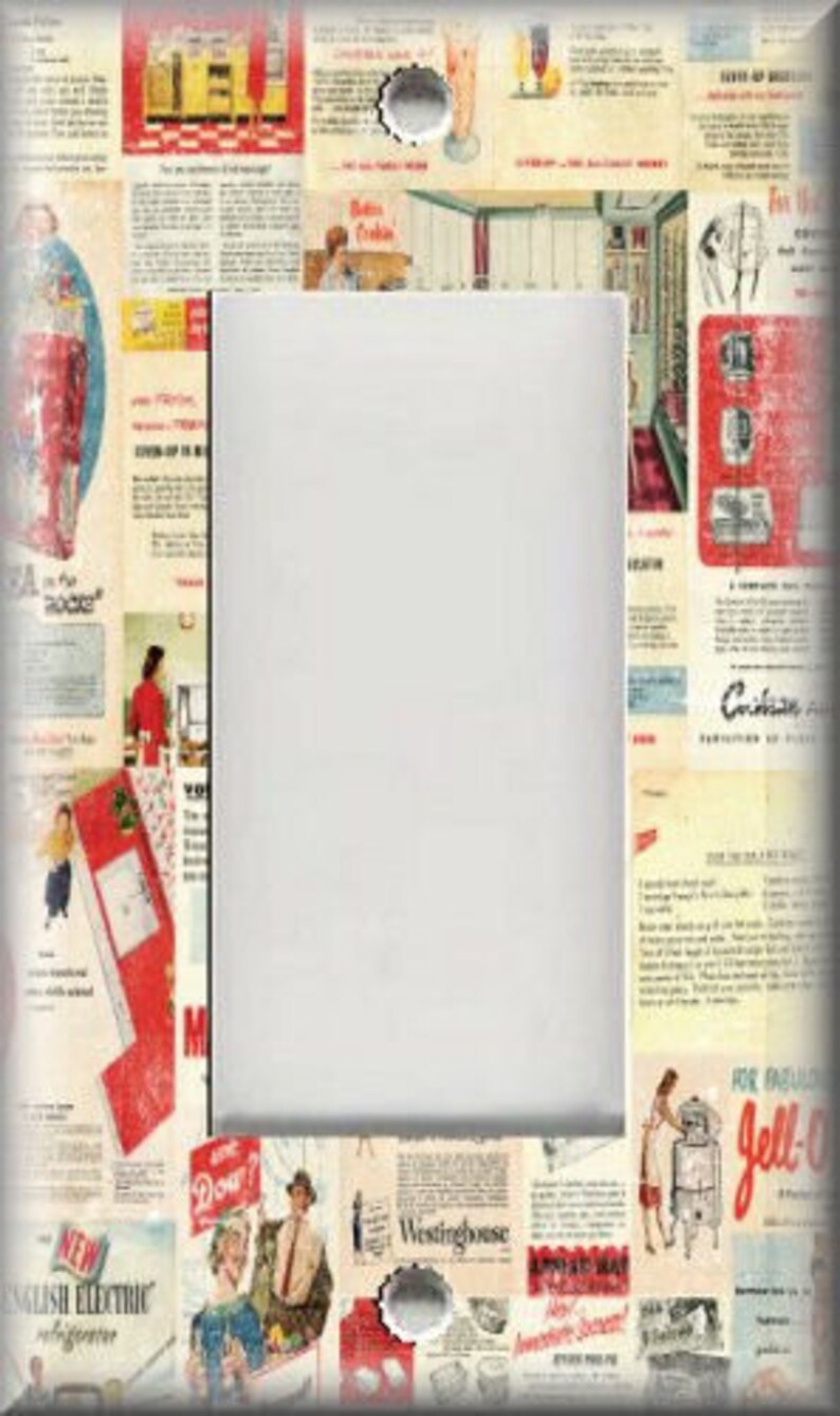 May include: A vintage-style light switch cover featuring a collage of 1950s advertisements. The ads include products like refrigerators, washing machines, and food. The cover is white with a rectangular cutout for the switch.