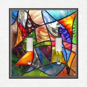 Stained Glass Abstract Art Design Home Decor Multi Colored - Metal Light Switch Plate Covers And Outlet Covers Fun Bright Switch Plates