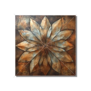 May include: A square canvas wall art featuring a large, abstract flower design. The flower is made up of overlapping petals in shades of brown, gold, and blue. The petals have a textured, metallic look.