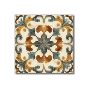 May include: A square tile with a repeating pattern of stylized floral designs in shades of brown, blue, and cream.