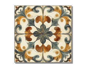 May include: A square tile with a repeating pattern of stylized floral designs in shades of brown, blue, and cream.