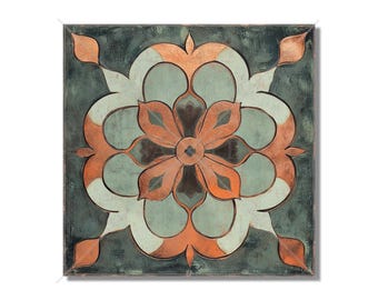 May include: A square tile with a decorative design featuring a large, stylized flower in shades of orange, brown, and green. The tile has a distressed, vintage look.