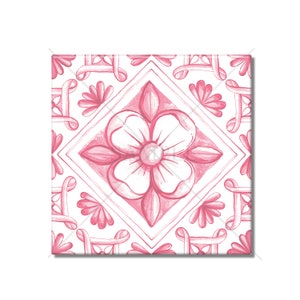 May include: Pink and white floral tile with a geometric pattern. The tile features a large pink flower with white petals and a pink center. The tile is surrounded by a white border with a pink geometric pattern.