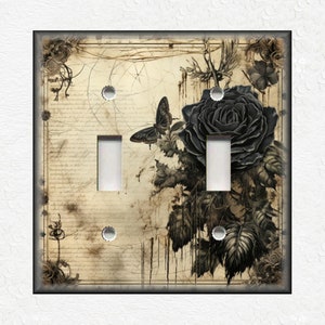 Gothic Design Light Switch Covers And Outlet Covers - Black Rose Design Switch Plates Set Of Metal Wallplates - Black Gothic Home Decor
