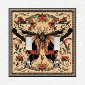 May include: A light switch cover featuring a vintage illustration of a butterfly with red and black wings against a background of stylized flowers and leaves.