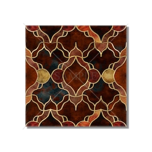 May include: A square canvas print with a repeating geometric pattern in gold and brown. The pattern is reminiscent of stained glass.