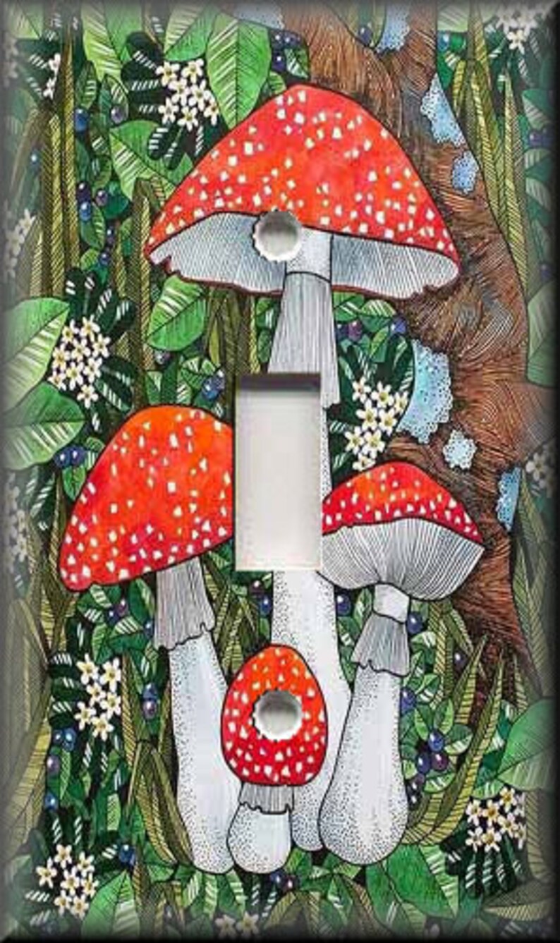 May include: A light switch cover featuring a whimsical illustration of red and white mushrooms with white spots growing in a green forest setting.