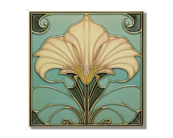 Ceramic Tile Kitchen Backsplash Tile - Yellow Green Vintage Art Nouveau Design Bathroom Tile - Antique Reproduction Tile - Fireplace Tile