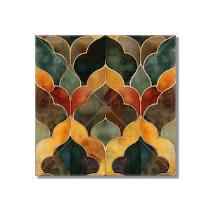 May include: A geometric pattern of overlapping arches in shades of green, brown, orange, and gold. The pattern is reminiscent of stained glass or a mosaic.