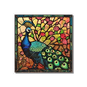 May include: A stained glass window depicting a peacock with a blue and green body and a long tail of green and blue feathers. The peacock is standing in front of a background of pink and yellow flowers.