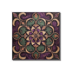 May include: A square canvas wall art featuring a purple, green, and gold intricate floral design. The design is symmetrical and has a mandala-like appearance.