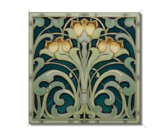 Può includere: Una piastrella quadrata in ceramica con un design floreale stilizzato. La piastrella presenta uno sfondo verde acqua con un motivo centrale di tre fiori gialli con foglie e steli verdi. Il design è incorniciato da un bordo di linee verdi e dorate.