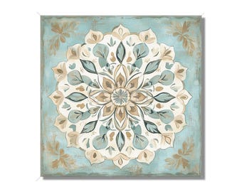May include: A blue and beige mandala with intricate floral patterns. The mandala is painted on a textured background.