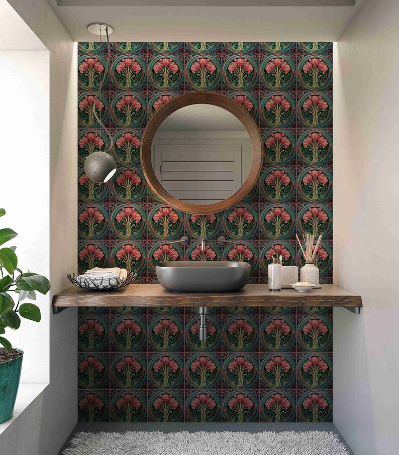 Ceramic Tile Red Green Blue Vintage Art Nouveau Design Kitchen ...