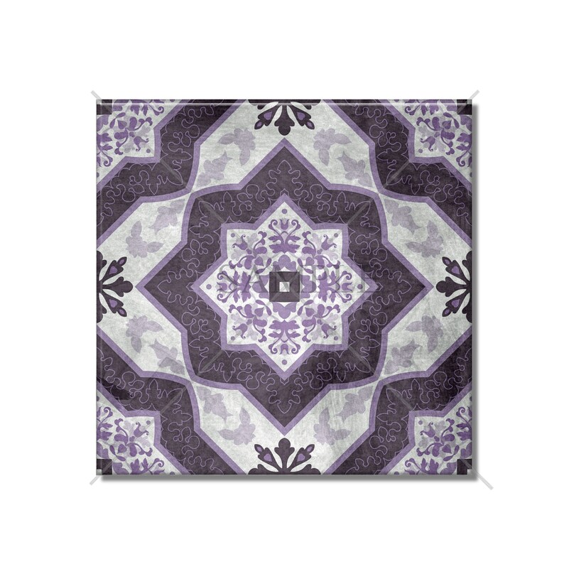 May include: A purple and white patterned tile with a geometric design. The tile has a distressed, vintage look.