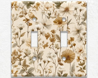 Tan Botanical Floral Design Metal Light Switch Covers, Outlet Covers, Floral Design Wall Plates, Duplex Covers, Cottagecore Decor