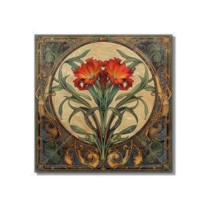 Red Floral Art Nouveau Design Ceramic Tile Kitchen Backsplash Tile - Art Nouveau Bathroom Tile Decorative Patterned Tile Fireplace Tile