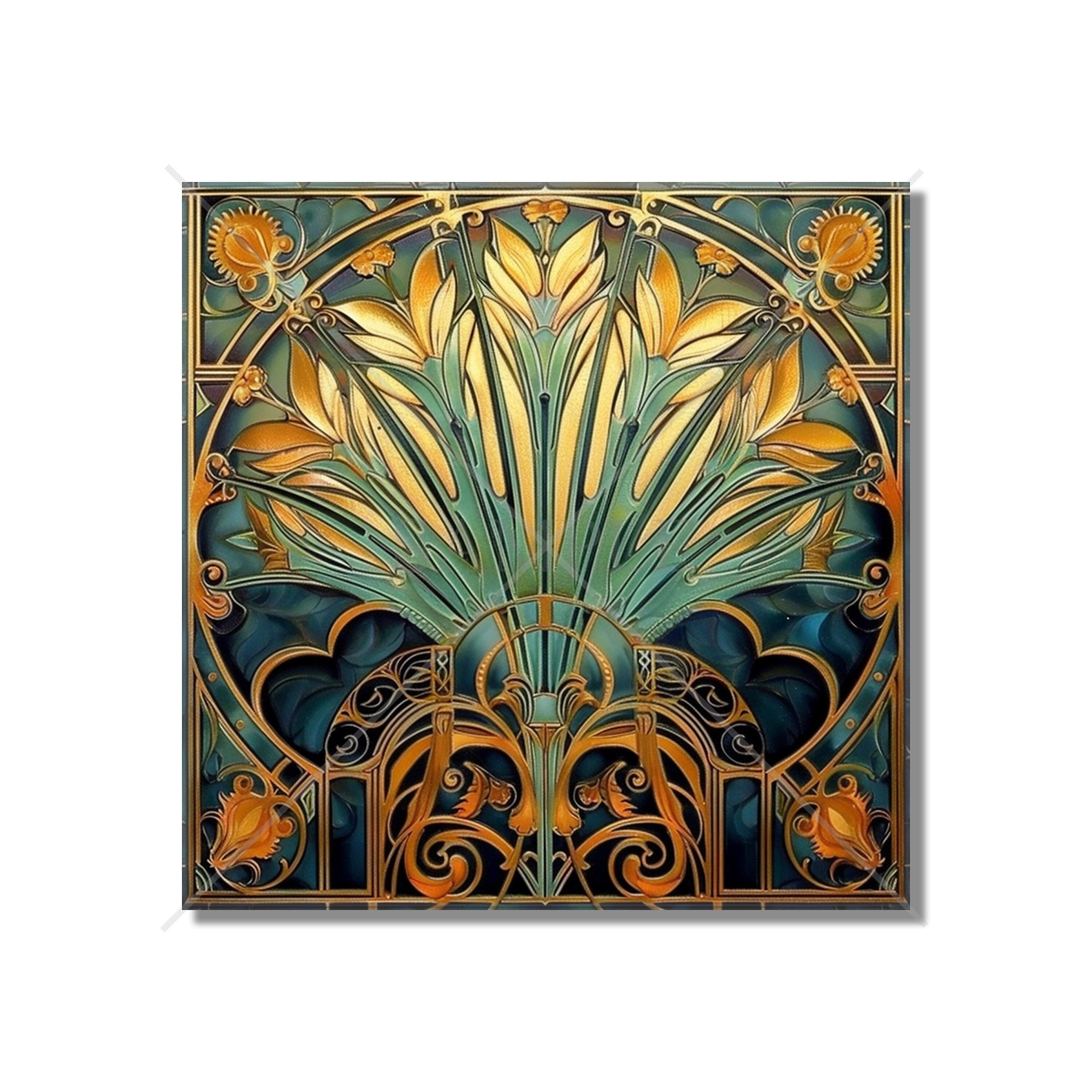 Vintage Art Nouveau Art Deco Design Ceramic Tile Blue Green Gold Kitchen Backsplash Tile Bathroom Tile Antique Design Tile - Free Shipping