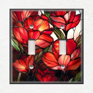 Red Stained Glass Floral Design Metal Switch Plate Covers And Outlet Covers - Unique Light Switch Plate Covers Outlet Covers - Wall Plates