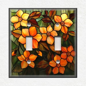 Orange Stained Glass Floral Design Metal Switch Plate Covers And Outlet Covers - Unique Light Switch Plate Covers Outlet Covers Wall Plates