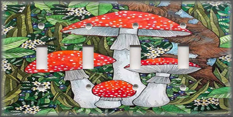 Mushroom Switch Plate Cover - Mushroom Decor - Mushroom Home Decor - Metal Light Switch Plate Covers And Outlet Covers - Home Decor Quadruple Toggle