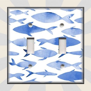 May include: A white light switch cover with a blue watercolor pattern of fish. The switch cover has two toggle switches.