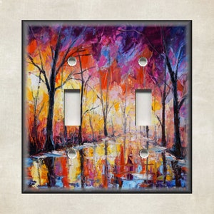 May include: A double light switch cover featuring a colorful abstract painting of a forest scene with trees reflected in a still body of water.