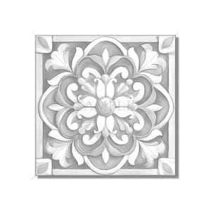 May include: A black and white illustration of a decorative tile with a floral design. The tile has a square shape and features intricate details in the center and around the edges.
