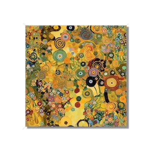 May include: Abstract painting with a yellow background and colorful circles, swirls, and dots. The painting is a vibrant and colorful piece of art.